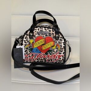 NWT Ed Hardy Rhinestone Cheetah Internal Love Heart Bowler Bag